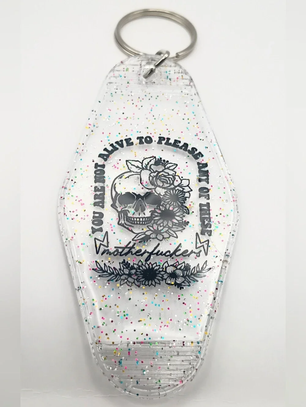 Clear Glitter Skull Motel Keytag Keychain